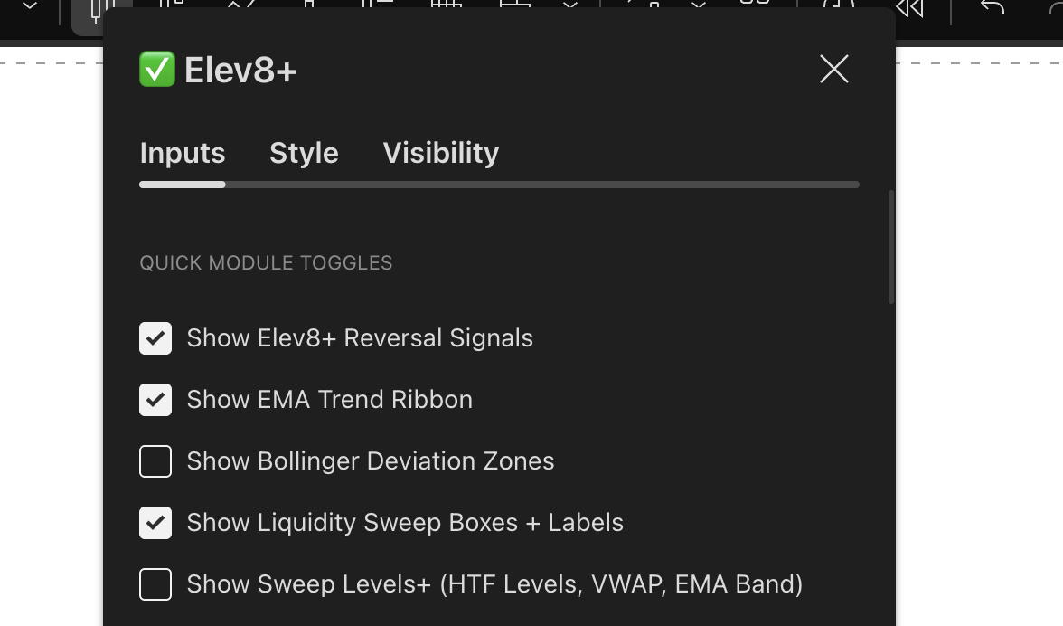 Elev8+ settings showing module toggles for Reversal Signals and Sweep Levels+